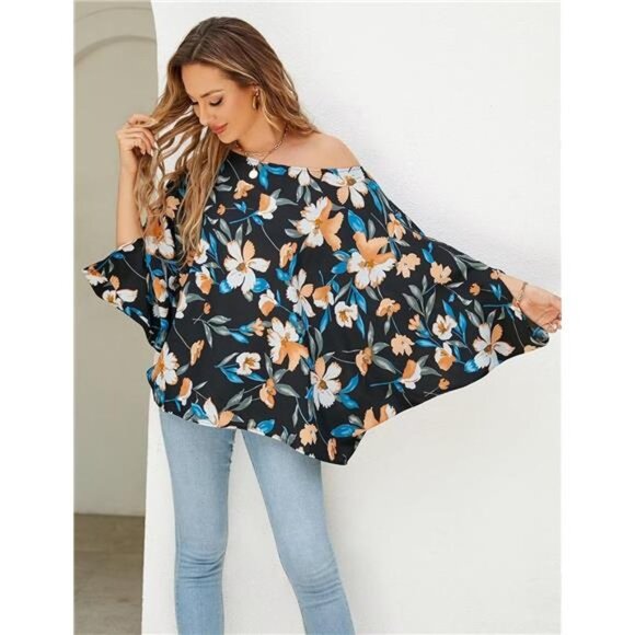 Multi Floral Print Chiffon‎  Off Shoulder Flowy Top Batwing Sleeve Blouse Shirt - Picture 3 of 5